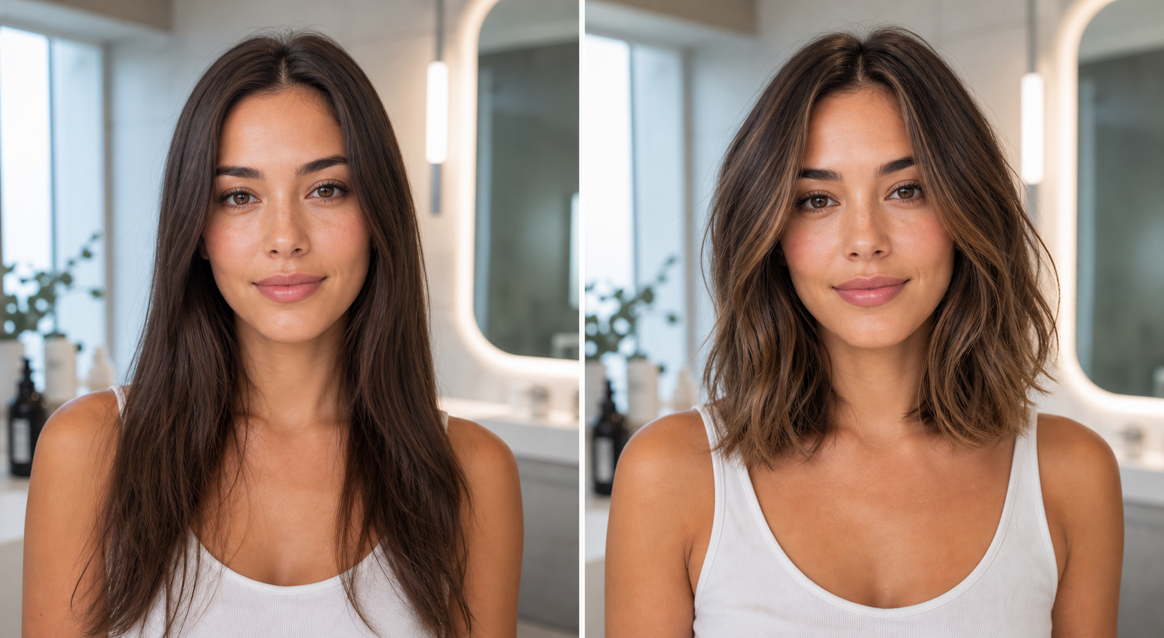 Before and after AI hairstyle preview showing long hair changed to a layered bob with soft highlights
