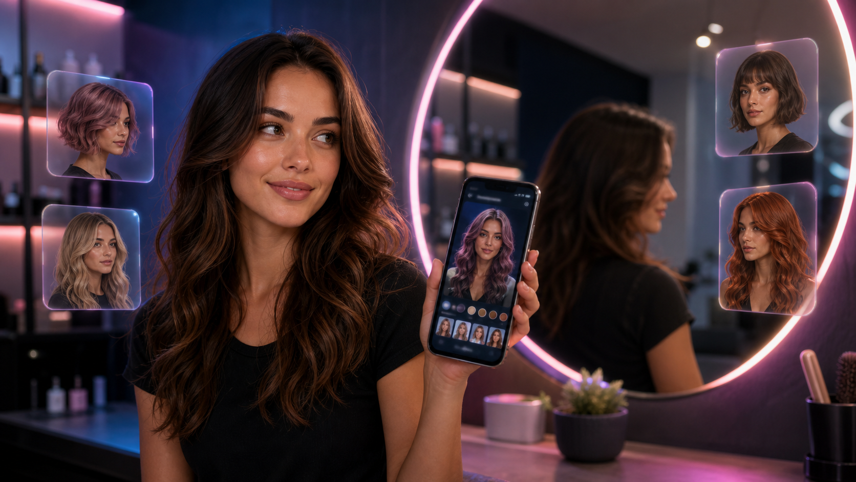 Woman previewing AI hairstyles on a phone in a modern salon mirror