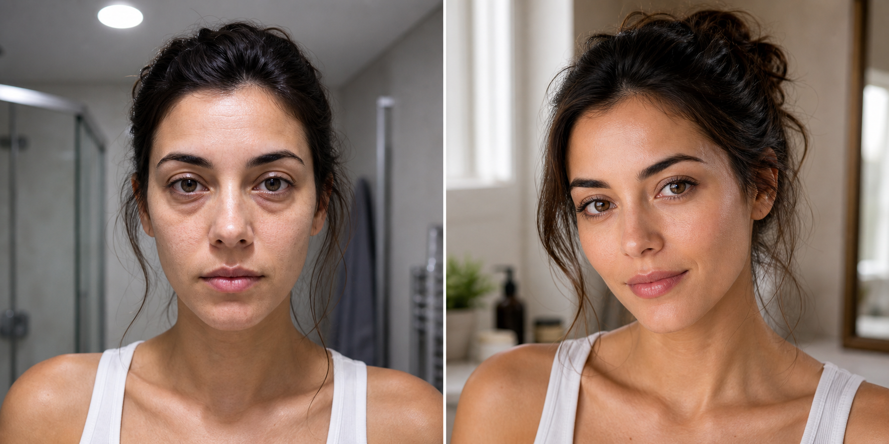 Before and after photo showing under-eye bags softened with cold compress and soft window light