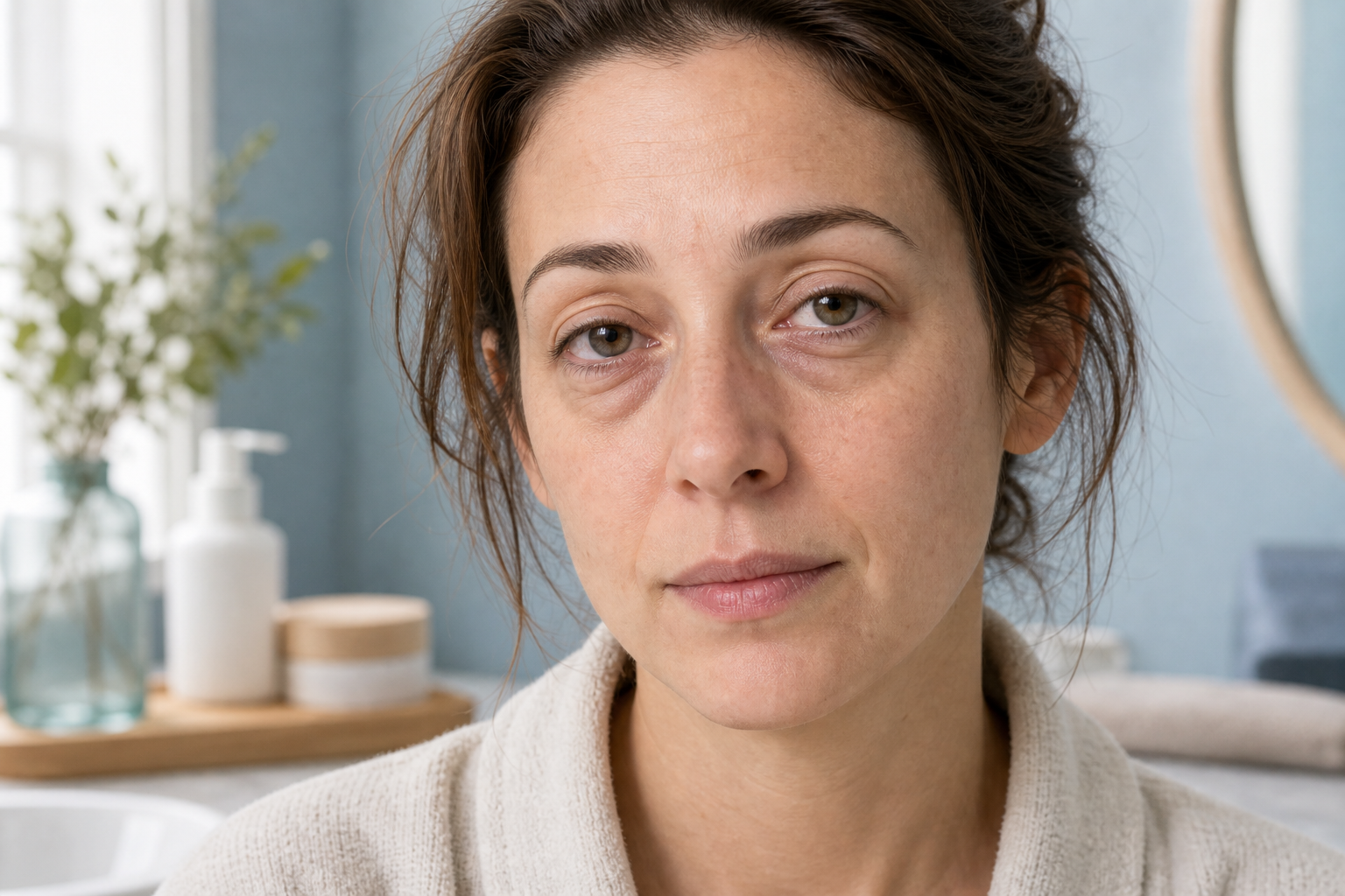 Woman with visible under-eye bags and mild dark circles in soft bathroom light