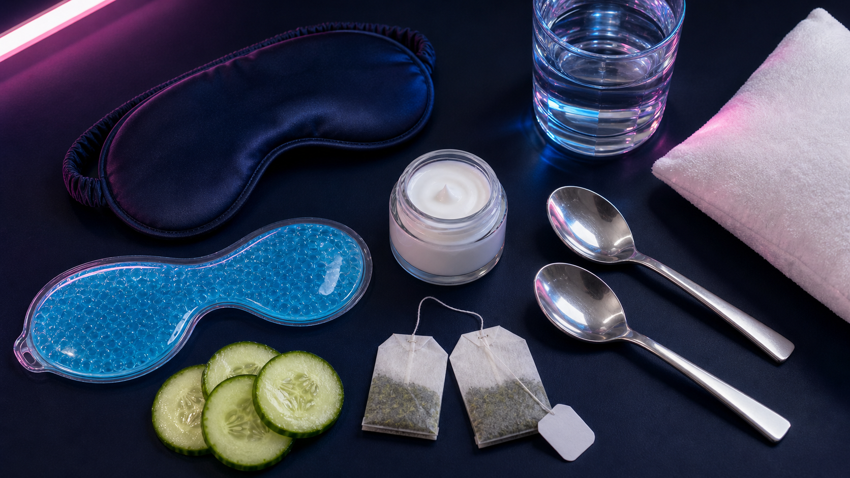 Cold spoons cucumber slices green tea bags gel eye mask eye cream water and sleep mask for bags under eyes tips