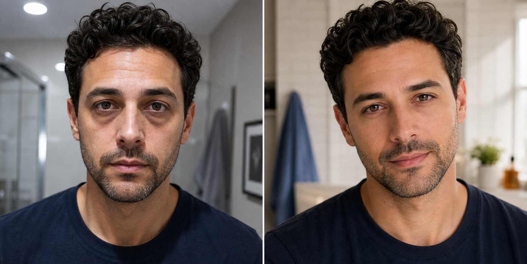 Before and after photo showing dark circles under eyes improved with soft light and concealer