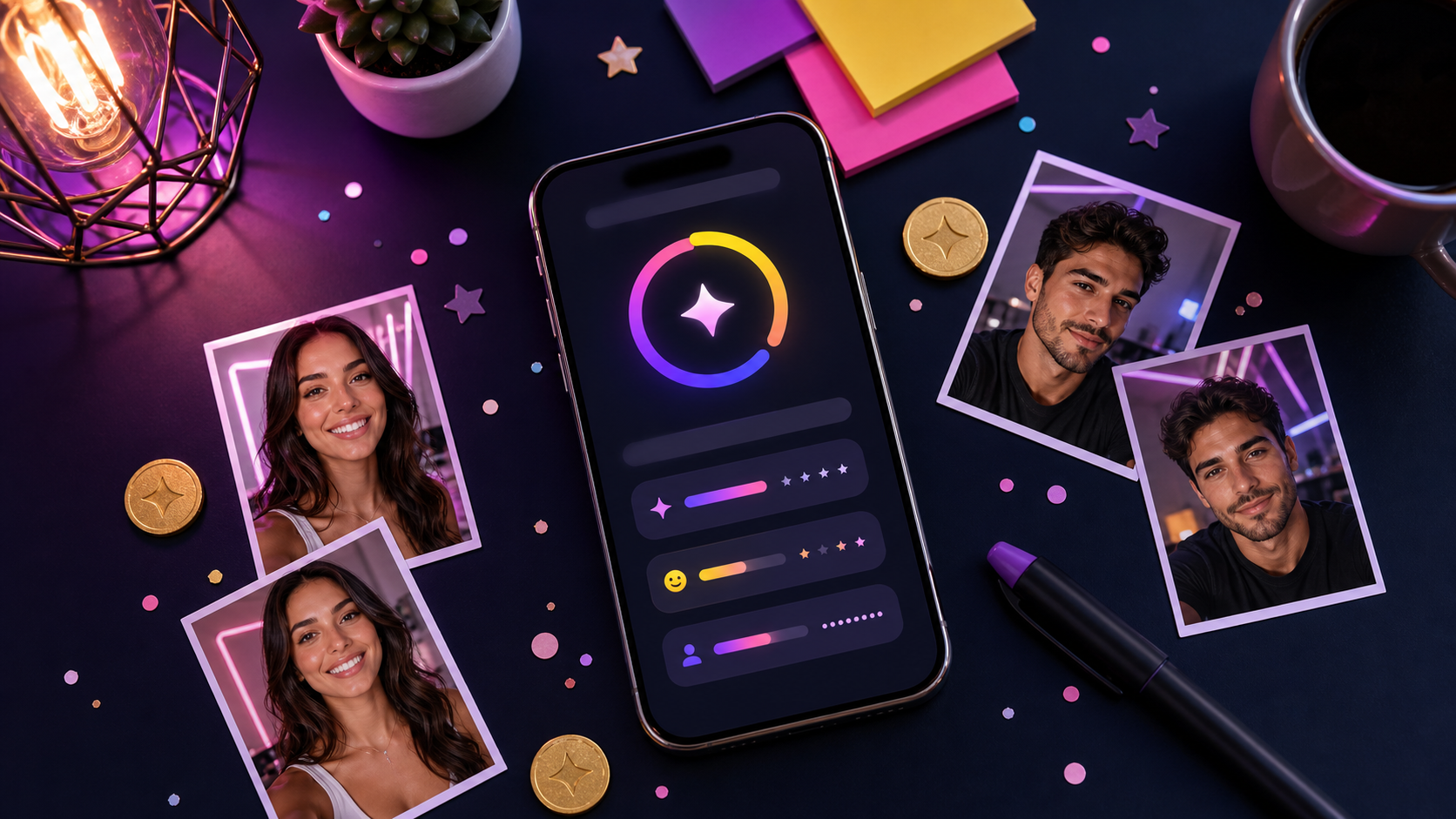 Free AI face rater scorecard flatlay with selfie photos and colorful rating graphics