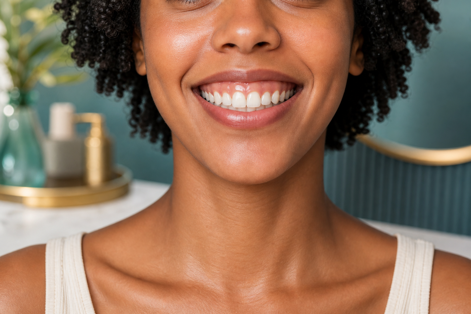 Close-up portrait of a woman smiling with natural upper gum display