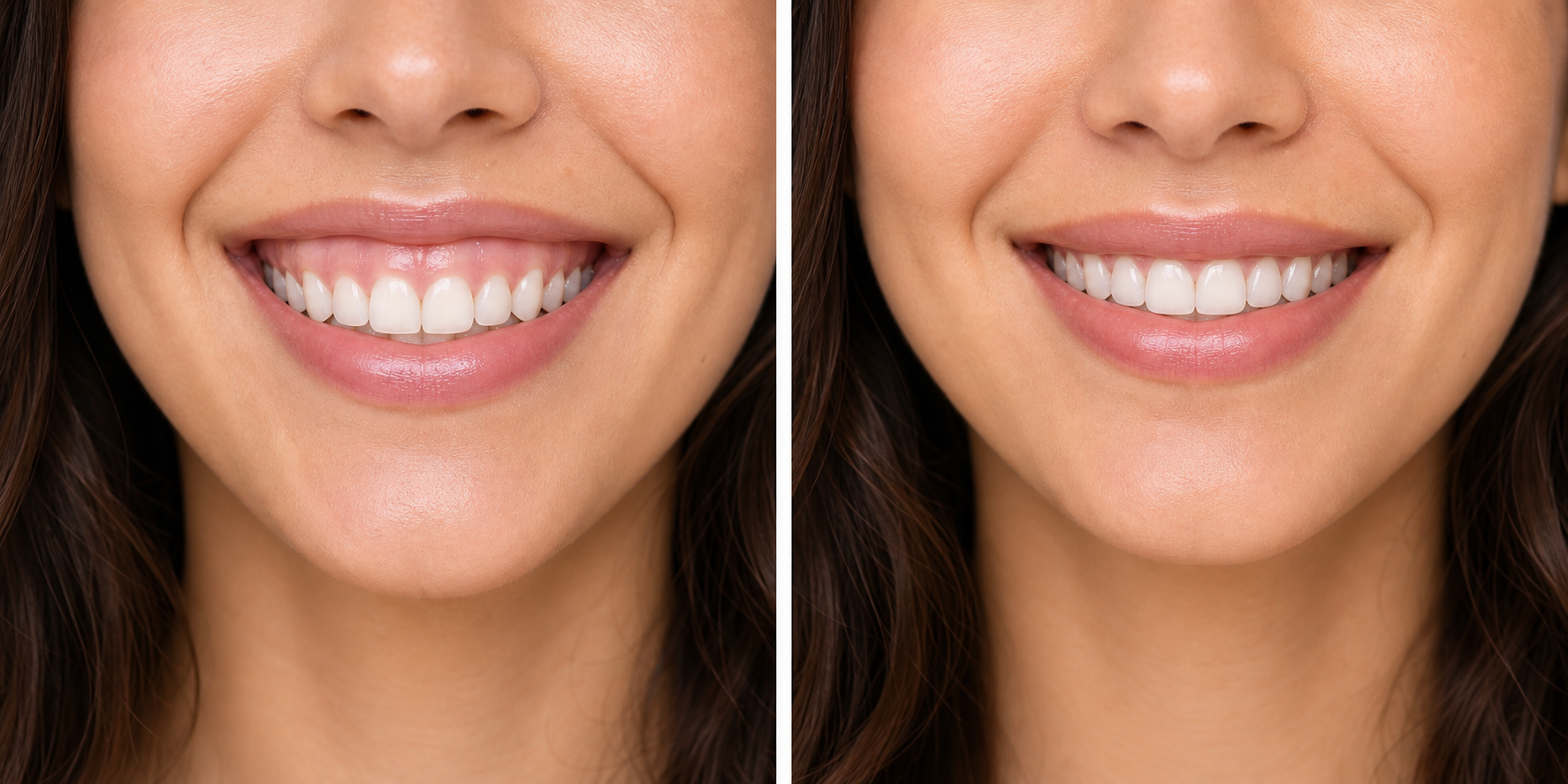 Before and after photo showing a gummy smile and softer photo smile with less upper gum showing