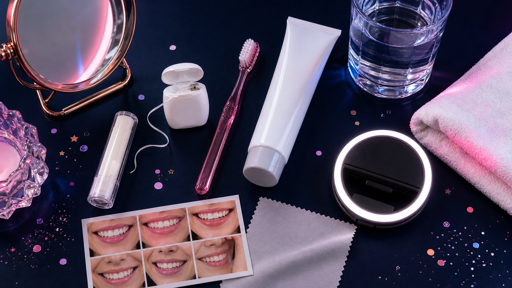 Mirror lip balm dental floss toothbrush water ring light and camera lens cloth for gummy smile photo tips