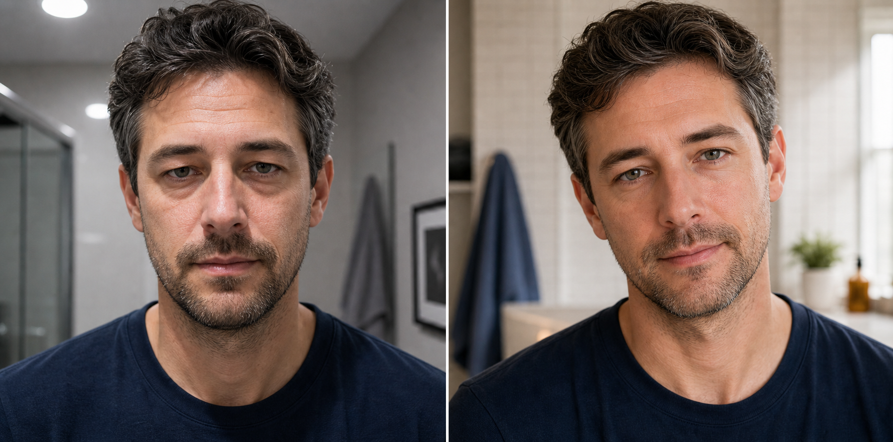 Before and after photo showing hooded eyes looking more open with soft window light and camera angle
