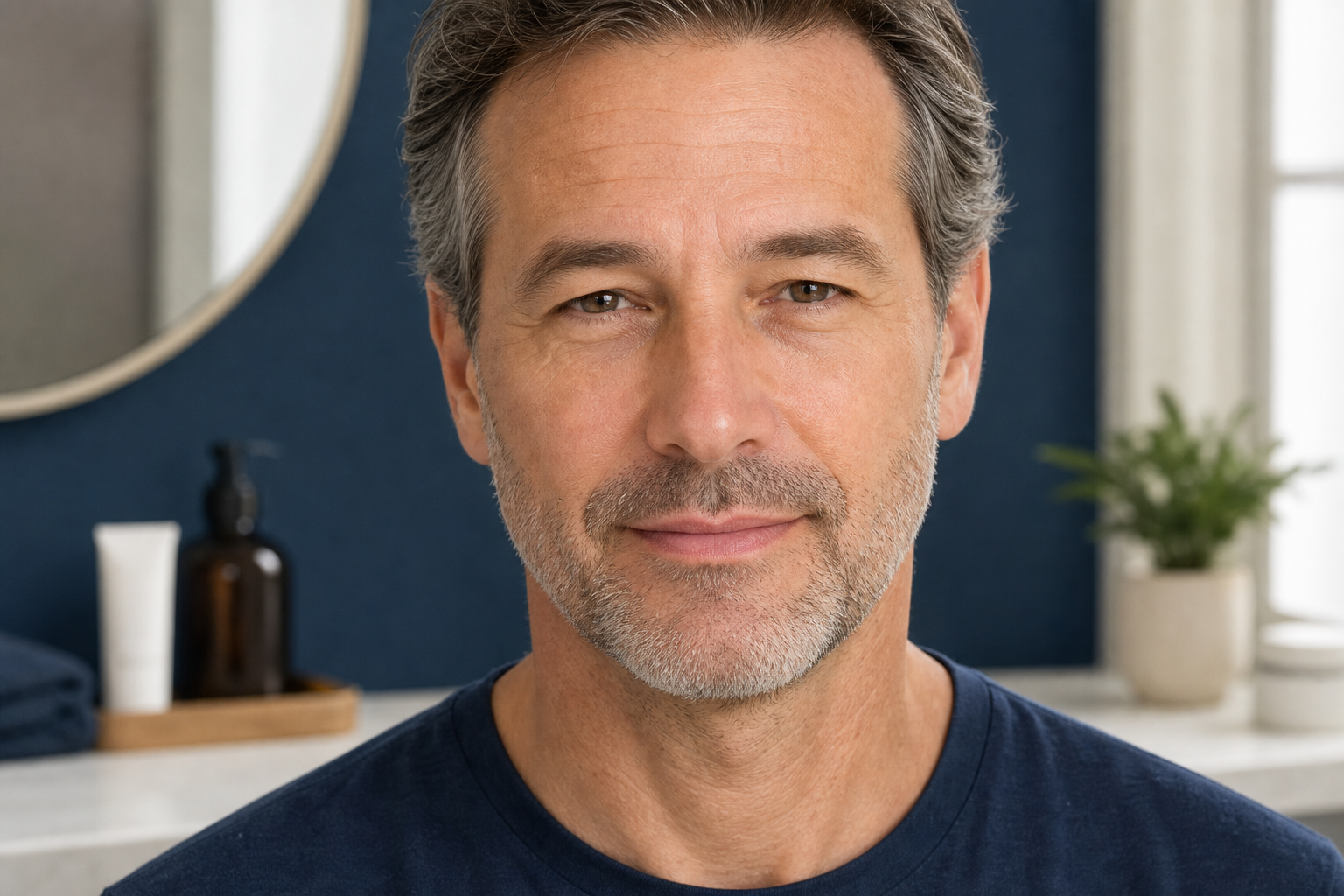Portrait of a man with natural hooded eyelids in soft window light