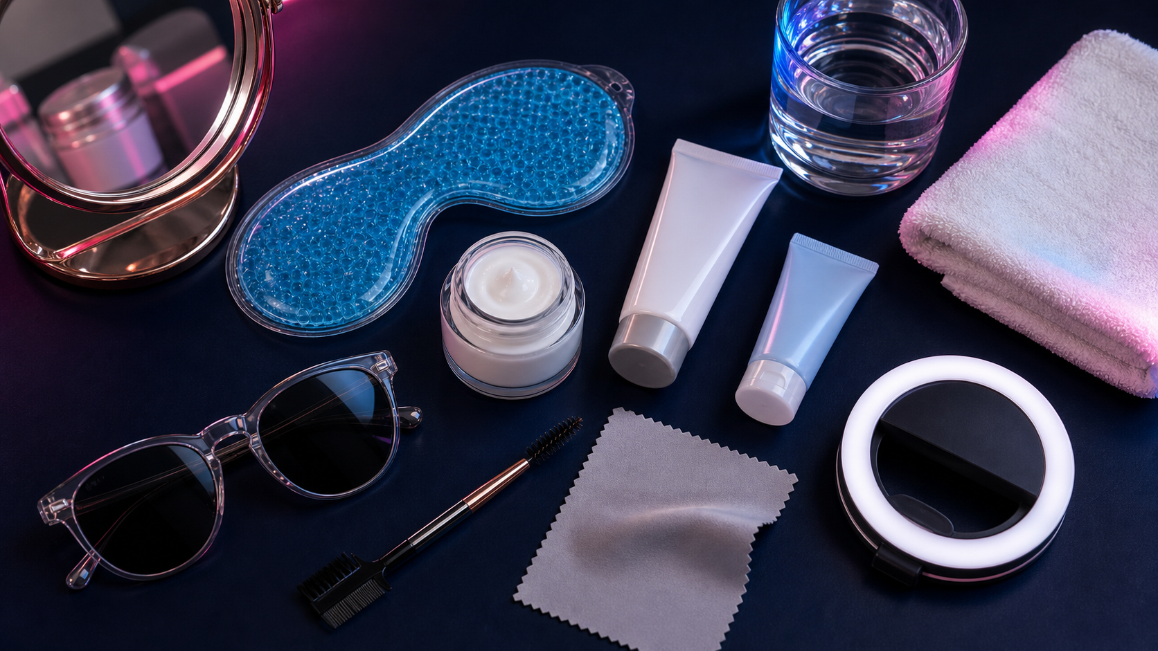 Gel eye mask eye cream sunscreen sunglasses brow brush mirror ring light and lens cloth for hooded eyes photo tips