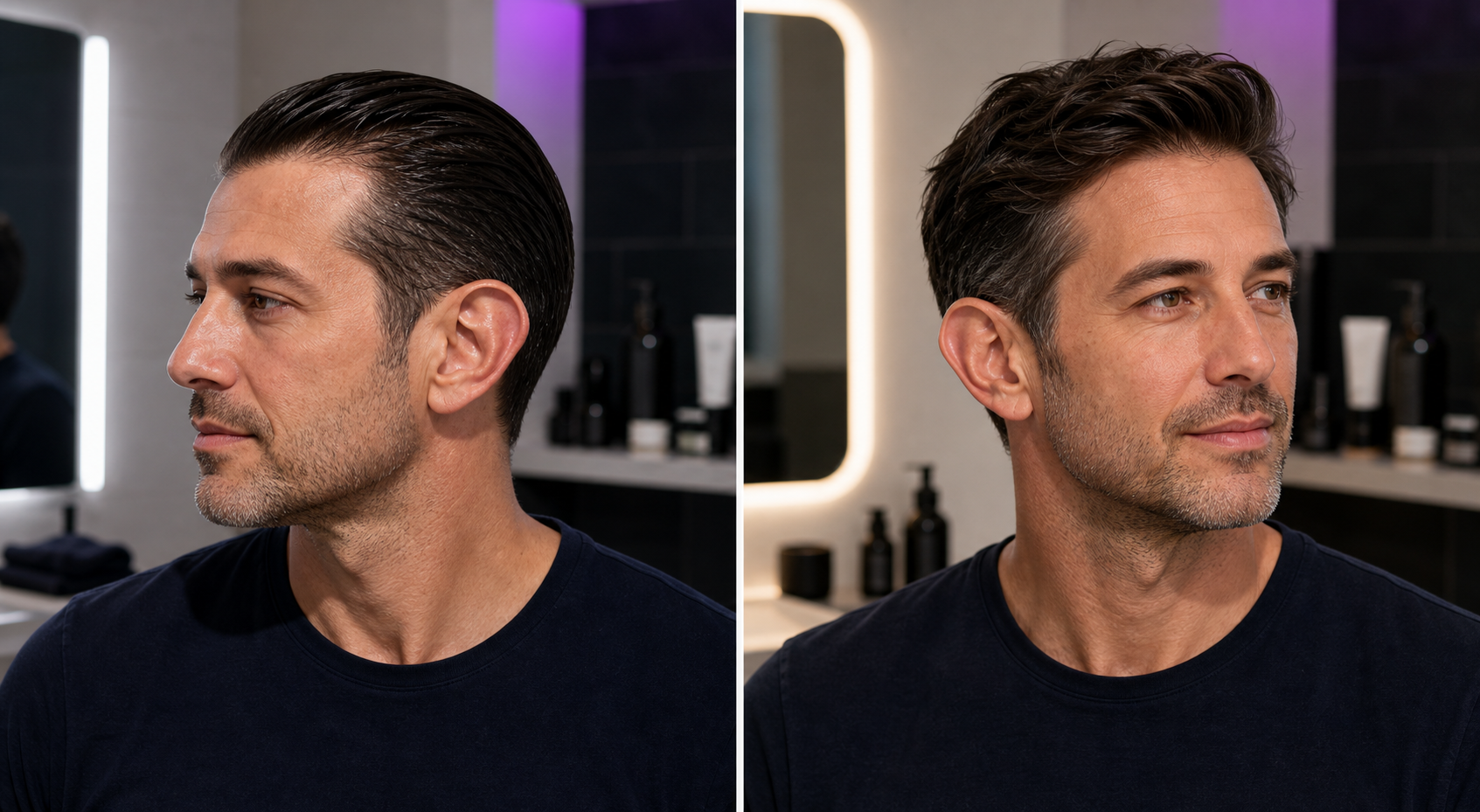 Before and after photo angle comparison showing protruding ears with slicked hair and softer three-quarter styling