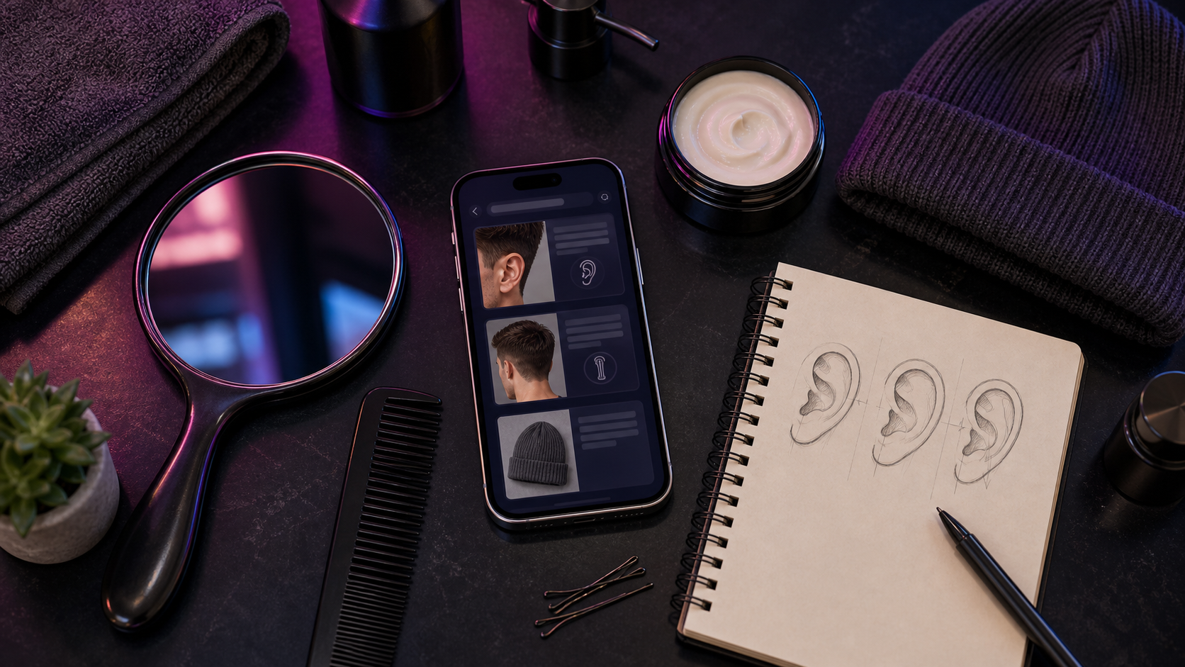 Protruding ears style toolkit with hand mirror comb beanie phone and ear shape sketches