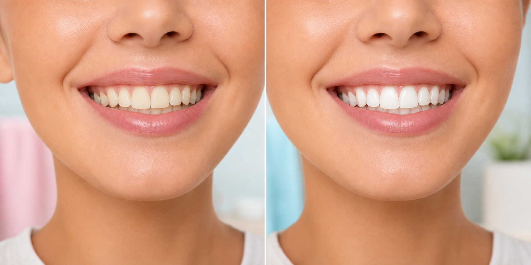Before and after teeth whitening smile comparison with naturally brighter teeth