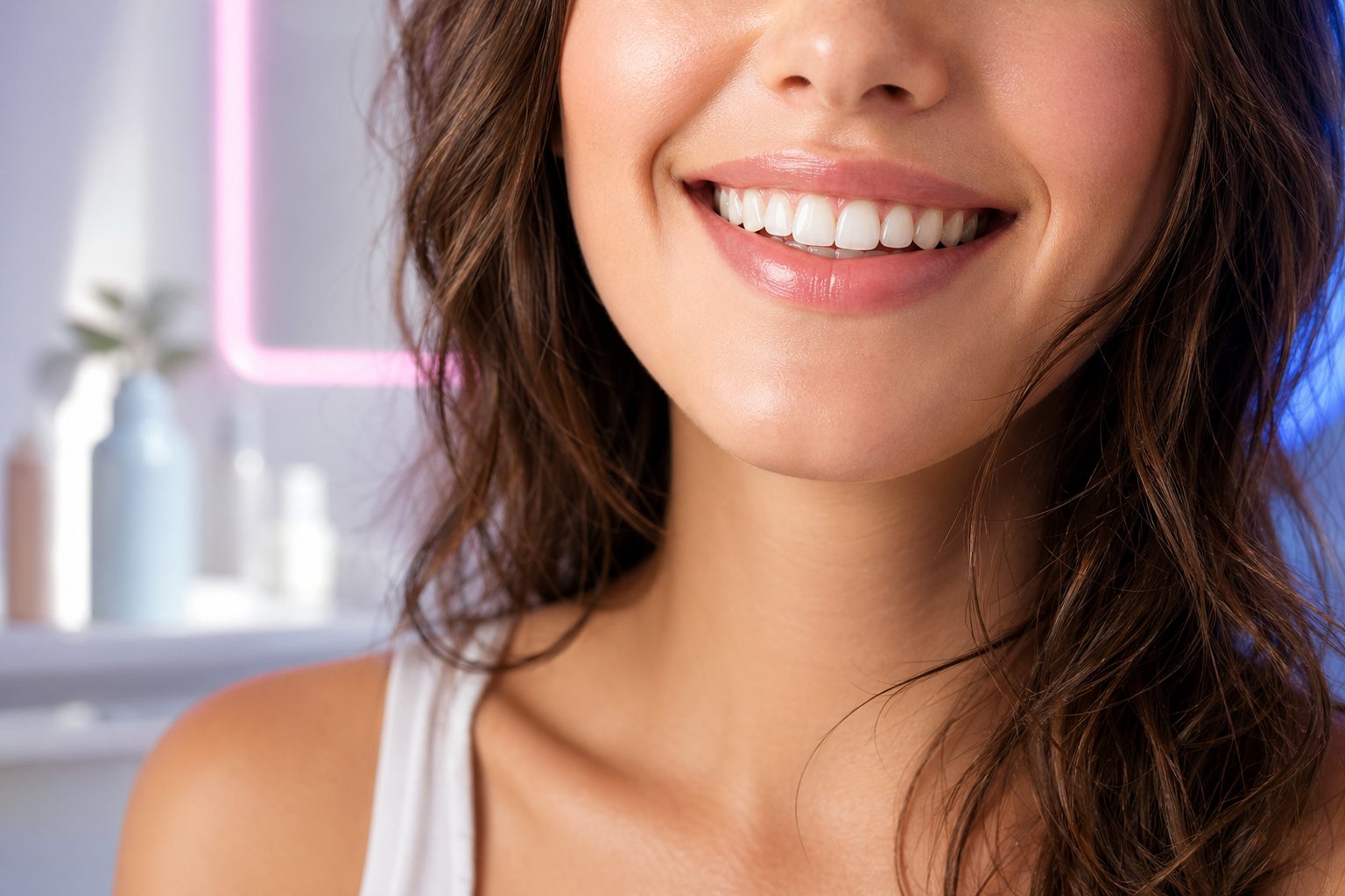 Bright natural smile after safe teeth whitening care