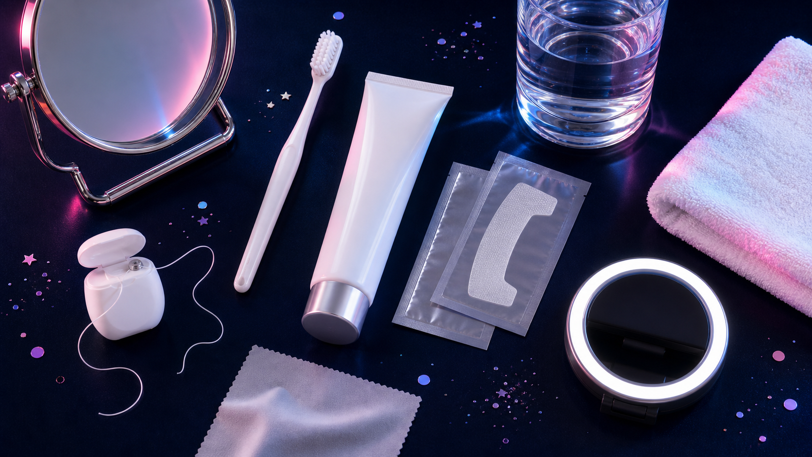 Toothbrush dental floss whitening toothpaste whitening strips water mirror ring light and lens cloth for teeth whitening tips
