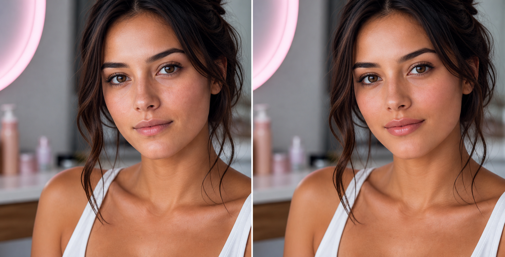 Before and after photo showing thin lips with natural makeup and subtle lip liner gloss for fuller-looking lips