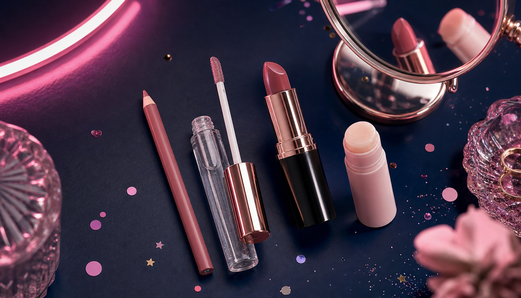 Lip liner clear gloss lipstick and lip balm flat lay for thin lips makeup tips
